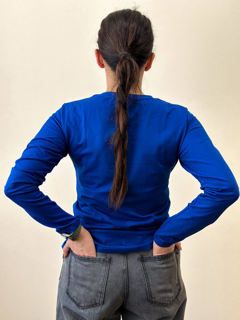 Синій жіночий лонгслів "ALLAZY" реальне фото